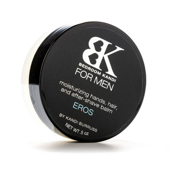 An image of our small round perfume balm on its side. The black lid features the BK for Men logo and reads "moisturizing hands, hair, and after-shave balm" with the word EROS in blue.