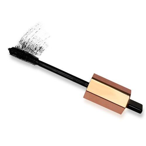 An image of the Drama Mascara applicator on a white background, a brushed streak of black mascara beside it