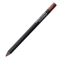 An image of a Kandi Koated Edge lip pencil in “Inspiration”, a deep brown with warm tones, lying on a white background. The body of the pencil is black with a colored point and end cap.