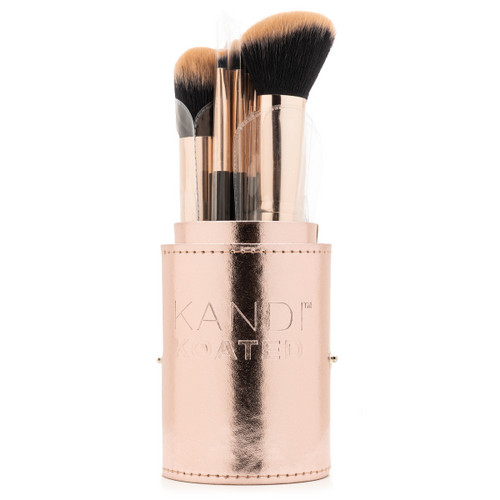 An image of the Kandi Koated Makeup Brush Set in its standing rose gold case holder