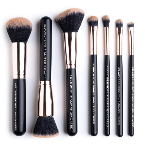 An image of the seven different brushes in the brush set with different hashtags on the handles