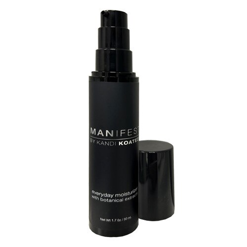 A black pump-action bottle with cap containing the manifest everyday moisturizer with a black and silver label