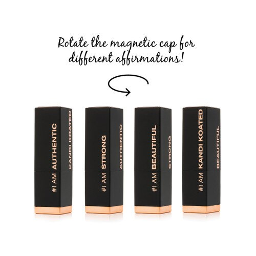 An image of the Pretty Powerful lipstick tube for Authentic with its rotatable magnetic cap featuring different affirmations. I am authentic, I am strong, I am beautiful, I am kandi koated