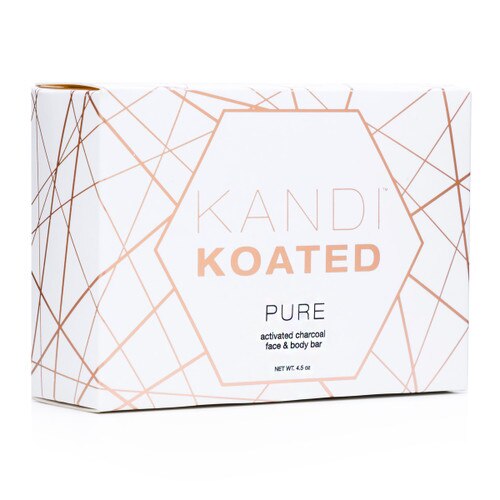 The white and rose gold box for the Pure bar with branding from the Kandi Koated Skin Care Collection