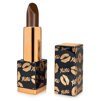 An image of our Cocoa Kisses chocolate colored lipstick in an open tube, the cap beside it on a white background